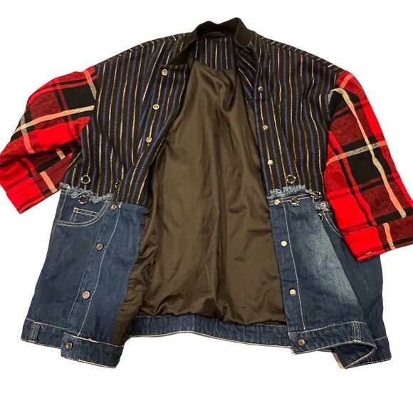 Women’s Oversized Mixed Plaid Denim Jacket, Pockets, OS - Picture 3 of 11